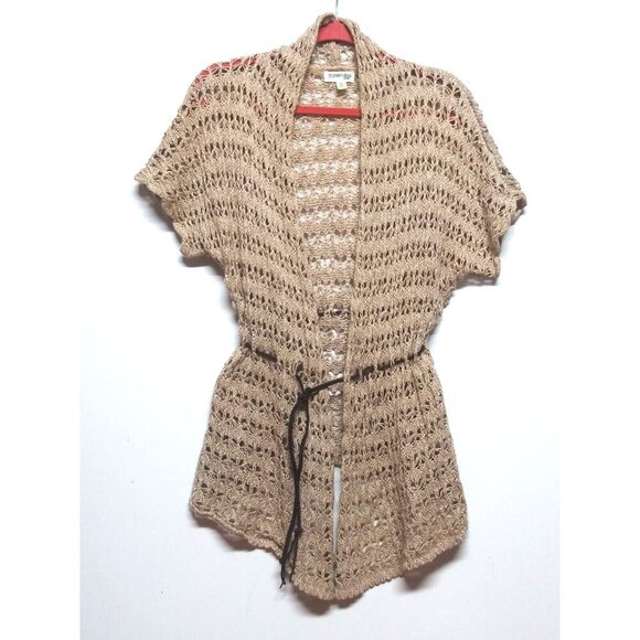 womens Cardigan Sweater Sz M Crocheted Taupe Tan Open Knit belted short sleeve - Picture 11 of 11